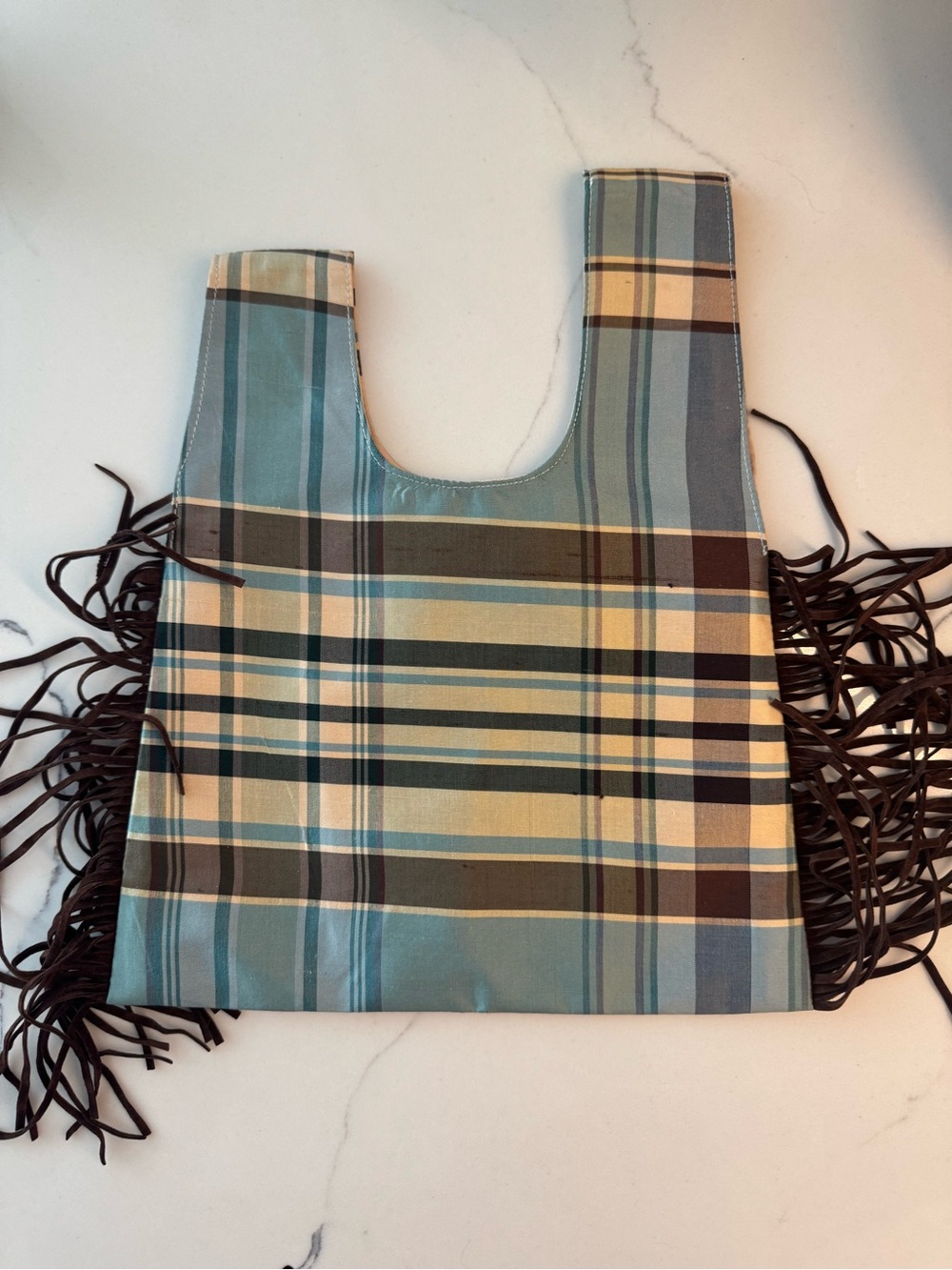 Plaid Fringe Everyday Tote in Teal and Cream